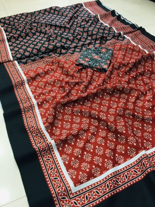 BLACK AND RED COLOR PURE COTTON PRINT SAREE - Image 5