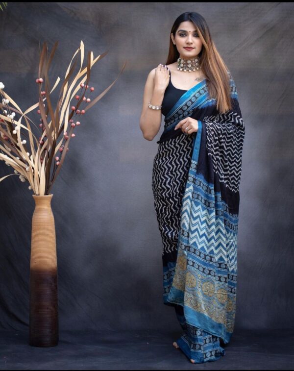 BLUE PURE COTTAON BANGLORY DIGITAL PRINTED SAREE - Image 2