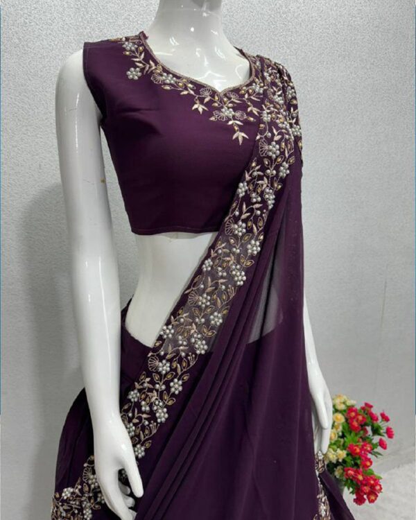 Beautiful Wine Party Wear heavy Embroidery With Moti Hand Work Lehenga Choli - Image 5