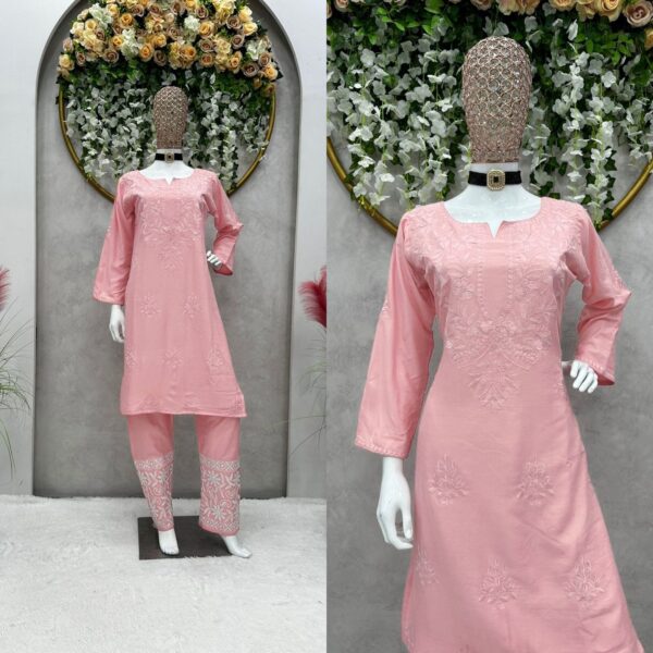 beautiful peach Designer Suit on Havy Rayon Febric with inner and Thred work pent - Image 9