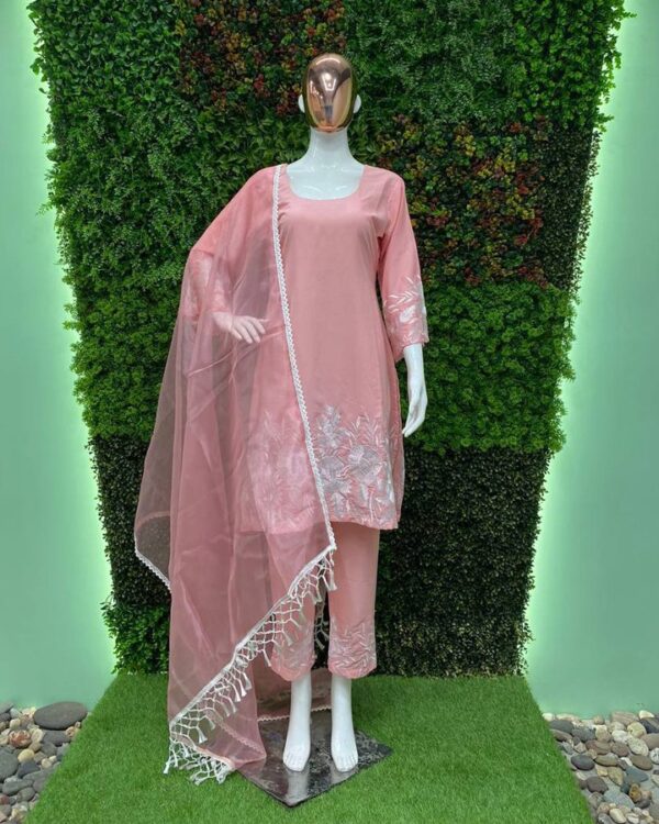 peach color EID SPECIAL WEAR DESIGNER HEAVY THREAD EMBROIDERY WORK SUIT WITH PANT and for SIDE LACE BORDER dupatta - Image 8
