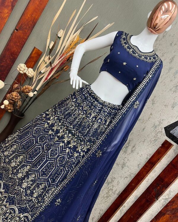 BLUE PARTY WEAR COLLECTION HEAVY SEQUENCE EMBROIDERED WORK FAUX GEORGETTE LEHENGHA CHOLI SET WITH DUPATTA - Image 3