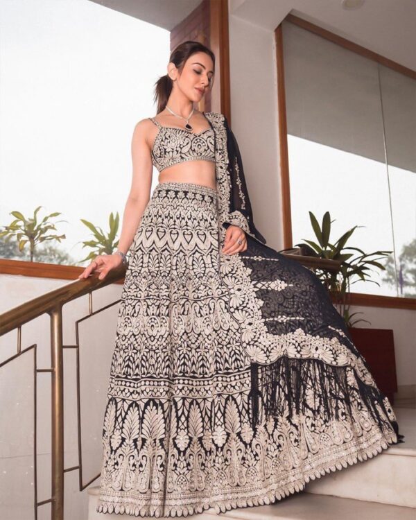 BLACK BOLLYWOOD STYLE FULL HEAVY CHAIN-STITCHED WORK LEHENGA CHOLI SET WITH DUPATTA - Image 3