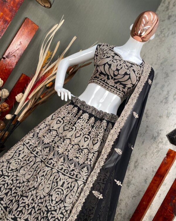 BLACK BOLLYWOOD STYLE FULL HEAVY CHAIN-STITCHED WORK LEHENGA CHOLI SET WITH DUPATTA - Image 7