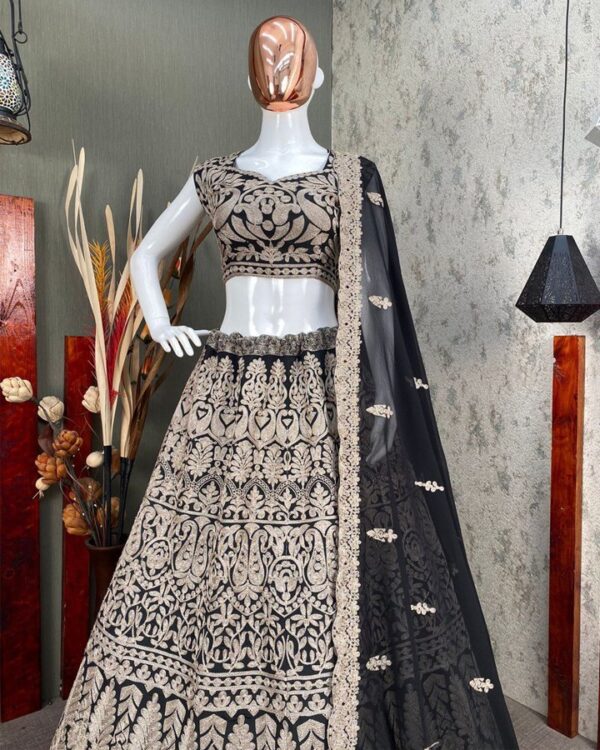 BLACK BOLLYWOOD STYLE FULL HEAVY CHAIN-STITCHED WORK LEHENGA CHOLI SET WITH DUPATTA - Image 5