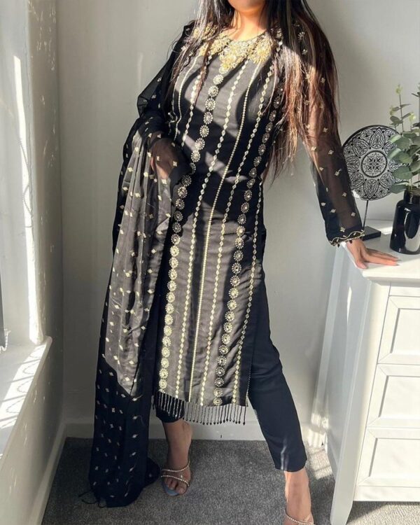 BLACK FUAX GEORGETTE  EMBROIDERY SEQUNCE WORK WITH DIMOND HAND WORK NACK AND FACY BLACK MOTI LESS - Image 3