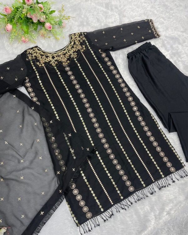 BLACK FUAX GEORGETTE  EMBROIDERY SEQUNCE WORK WITH DIMOND HAND WORK NACK AND FACY BLACK MOTI LESS - Image 6