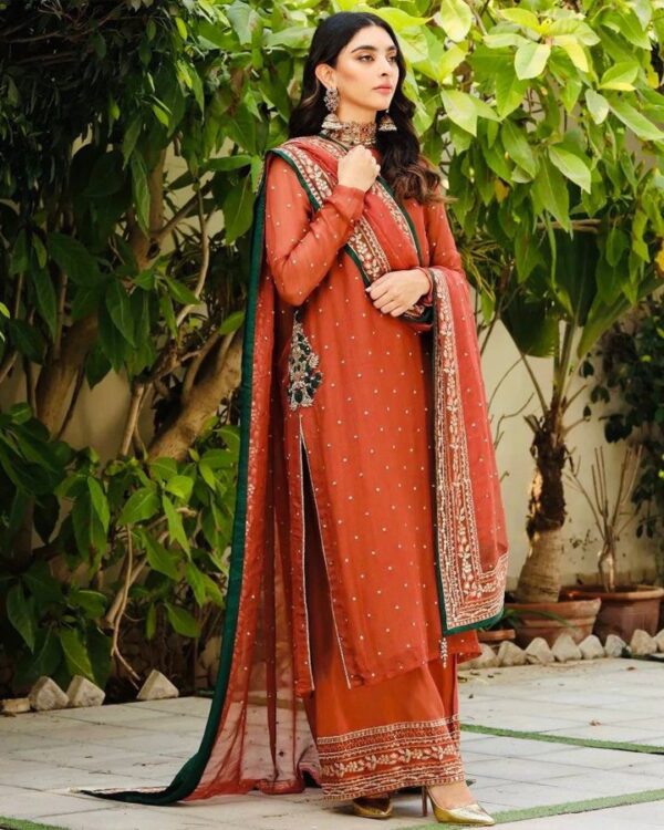 RED EMBROIDERY SEQUINS WORK   FRONT AND BACK BOTH SIDE FULL WORK AND PATCH BUTTA WITH DUPATTA - Image 4