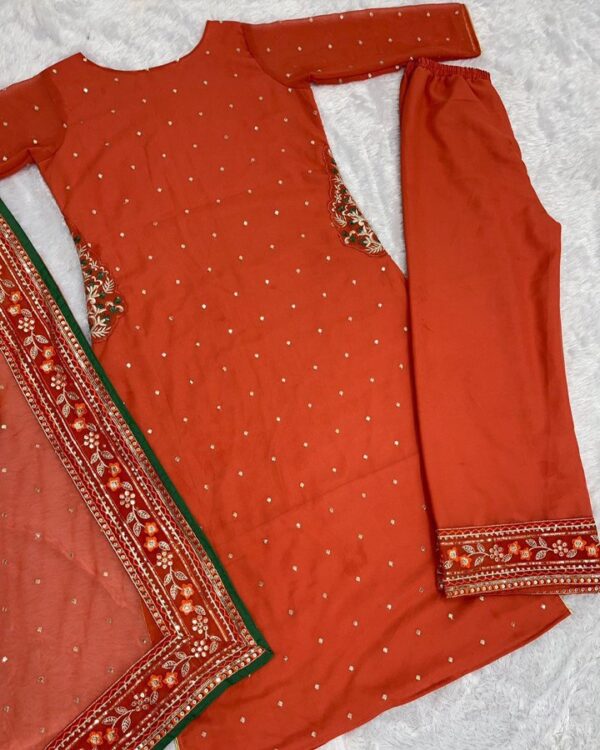 RED EMBROIDERY SEQUINS WORK   FRONT AND BACK BOTH SIDE FULL WORK AND PATCH BUTTA WITH DUPATTA - Image 5