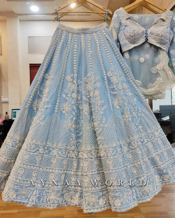 DUST BULE DESIGNER BRIDAL WEAR HEAVY SOFT ORGANZA CHINE SEQUINS WORK LEHENGAS WITH DUPATTA - Image 11