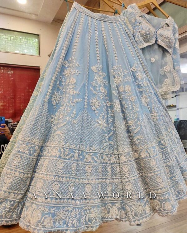 DUST BULE DESIGNER BRIDAL WEAR HEAVY SOFT ORGANZA CHINE SEQUINS WORK LEHENGAS WITH DUPATTA - Image 6