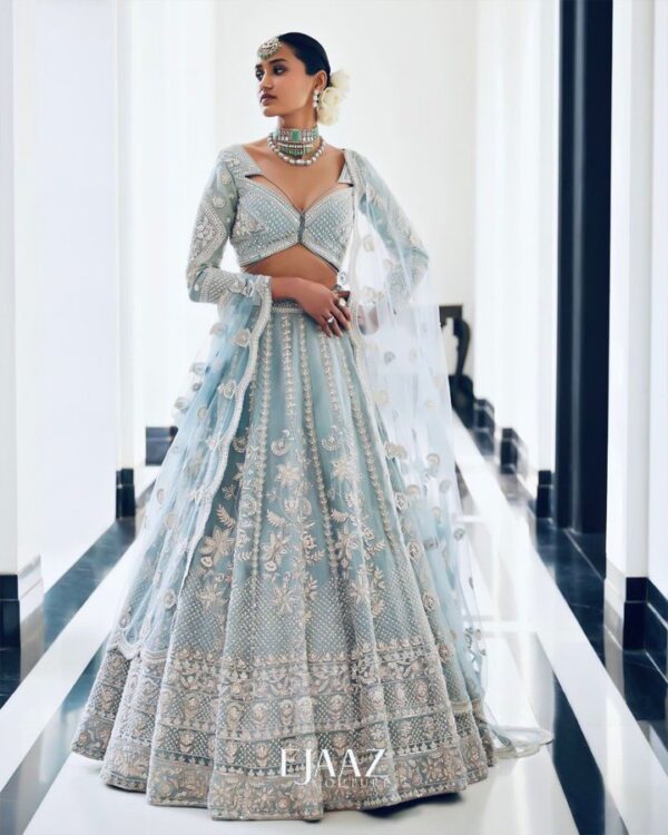 DUST BULE DESIGNER BRIDAL WEAR HEAVY SOFT ORGANZA CHINE SEQUINS WORK LEHENGAS WITH DUPATTA