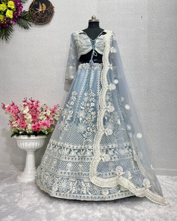 DUST BULE DESIGNER BRIDAL WEAR HEAVY SOFT ORGANZA CHINE SEQUINS WORK LEHENGAS WITH DUPATTA - Image 5