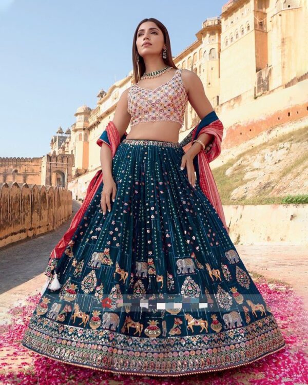 DESIGNER BRIDAL WRAR HEAVY DUBLE SEQUINS BANARASI SILK LEHENGAS WITH DUPATTA - Image 2
