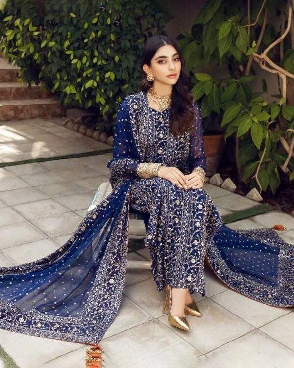 blue FUAX GEOREGTTE HEAVY EMBROIDERY SEQUINS WORK WITH ORANGE COVER PATTA AND for SIDE FANCY LATKAN  dupatta - Image 2