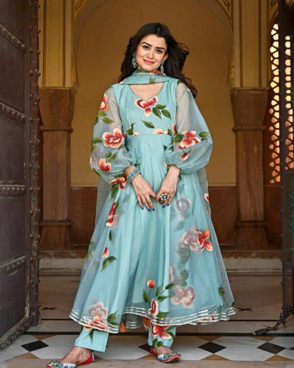 SKY  PARTY WEAR HEAVY DIGITAL PRINT AMRELA CUT  6 MTR FLAIR WITH FANCY GOTA PATII  ORGENZA SUIT WITH DUPATTA - Image 4