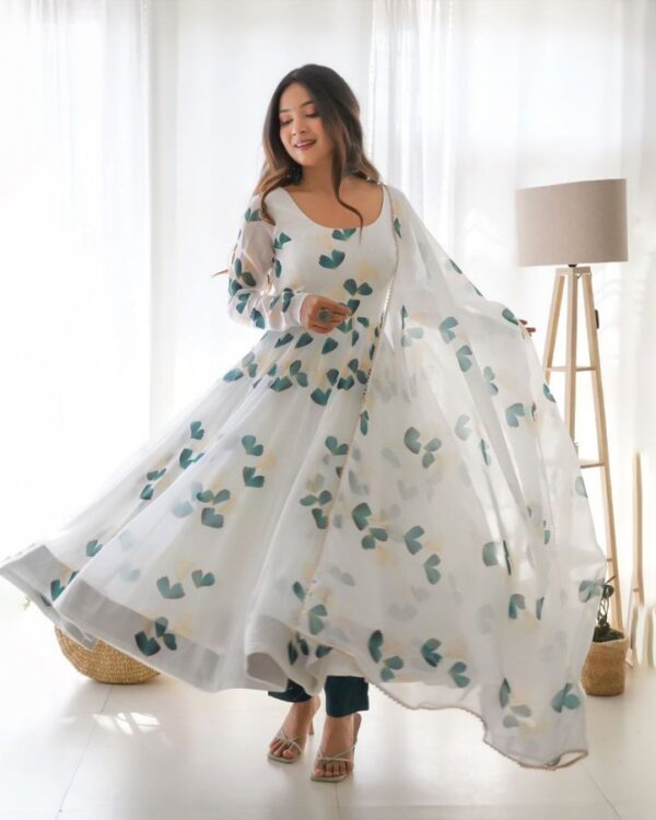 white Party Wear Look Heavy Butter Cotton Organza Taby Silk Gown With Dupatta