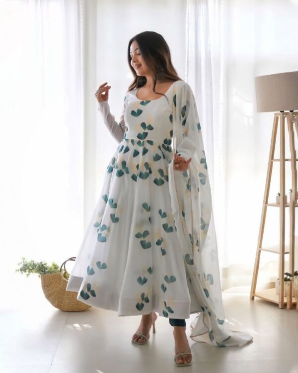 white Party Wear Look Heavy Butter Cotton Organza Taby Silk Gown With Dupatta - Image 2