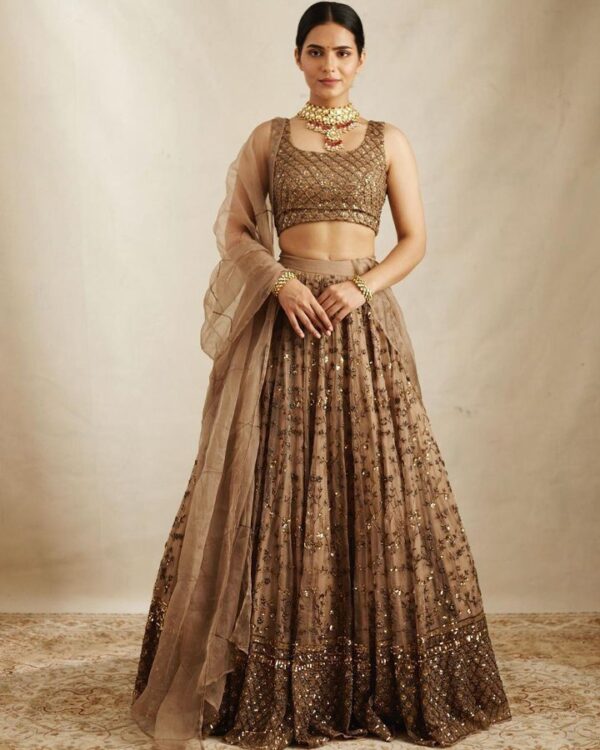 brown bridal  wear Soft net Sequnce  Thread  work Lehngha  choli with  amazing Dupatta - Image 3