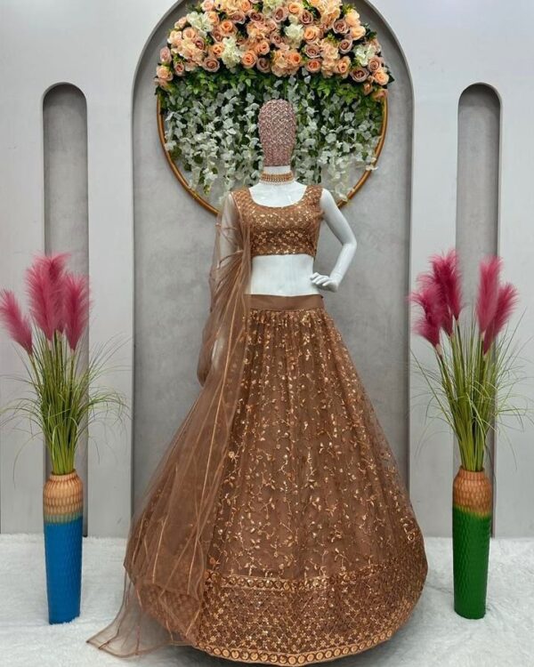 brown bridal  wear Soft net Sequnce  Thread  work Lehngha  choli with  amazing Dupatta - Image 6