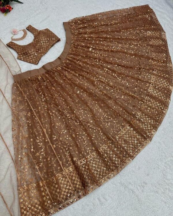 brown bridal  wear Soft net Sequnce  Thread  work Lehngha  choli with  amazing Dupatta - Image 8