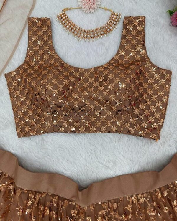 brown bridal  wear Soft net Sequnce  Thread  work Lehngha  choli with  amazing Dupatta - Image 10