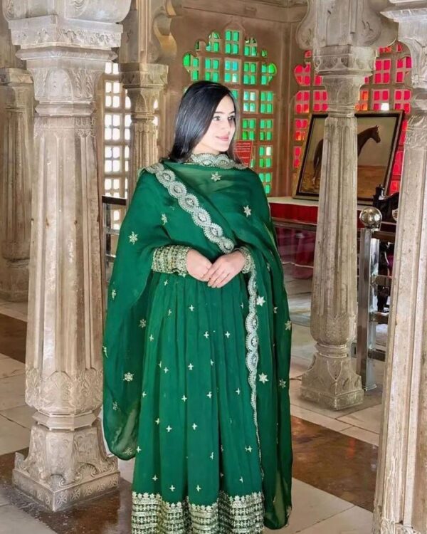 Dark Green Sequence Embroidery Work Anarkali Suit Set And Pent Dupatta - Image 3