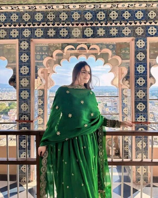 Dark Green Sequence Embroidery Work Anarkali Suit Set And Pent Dupatta - Image 2