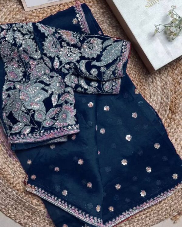 Navy Blue Jimmy Choo Fabric Partywear Saree with Thread & Sequins Work Blouse - Image 3
