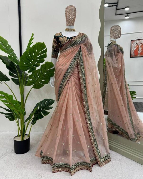 Glamorous Peach Twill Net Designer Saree with Sequins & Thread Work for Weddings – Includes Unstitched Mono Benglori Silk Blouse