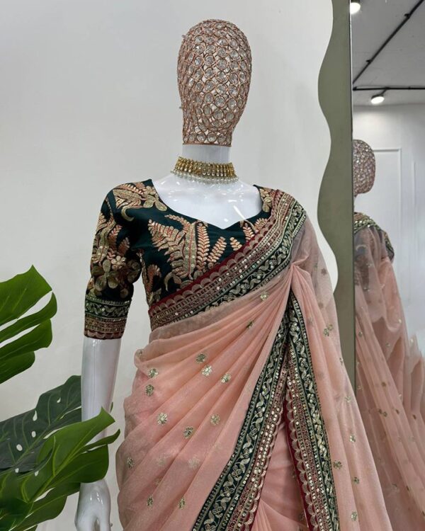 Glamorous Peach Twill Net Designer Saree with Sequins & Thread Work for Weddings – Includes Unstitched Mono Benglori Silk Blouse - Image 4