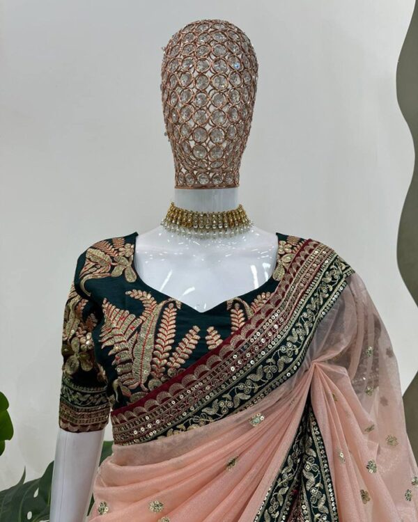 Glamorous Peach Twill Net Designer Saree with Sequins & Thread Work for Weddings – Includes Unstitched Mono Benglori Silk Blouse - Image 5