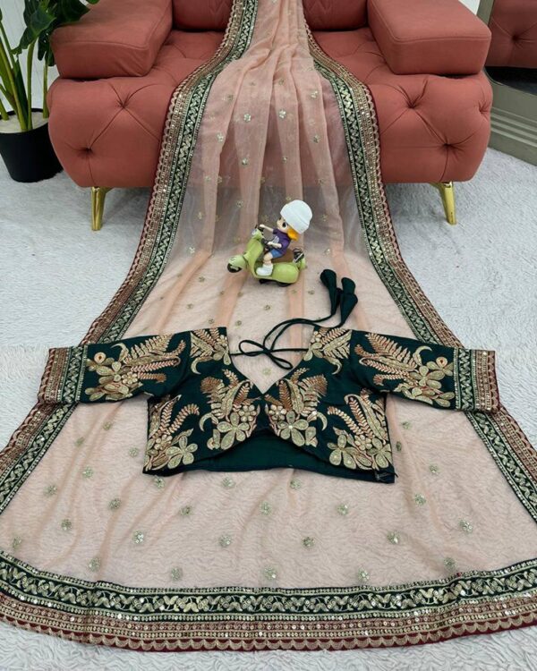Glamorous Peach Twill Net Designer Saree with Sequins & Thread Work for Weddings – Includes Unstitched Mono Benglori Silk Blouse - Image 6