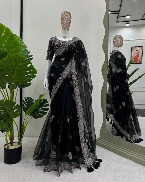 Luxurious Black Tibby Silk Saree with Thread Work & Tassels – Includes Matching Blouse