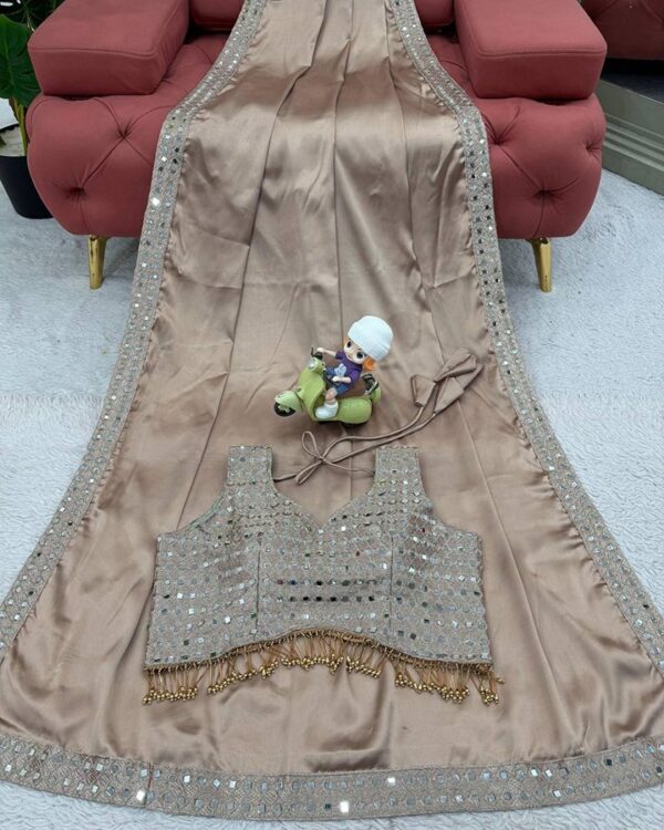 Beautiful designer Light Brown Japan Satin Silk Saree with Intricate Mirror Work and Designer Blouse - Image 6
