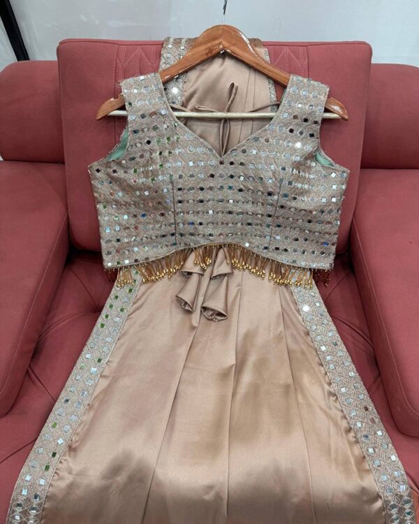 Beautiful designer Light Brown Japan Satin Silk Saree with Intricate Mirror Work and Designer Blouse - Image 7