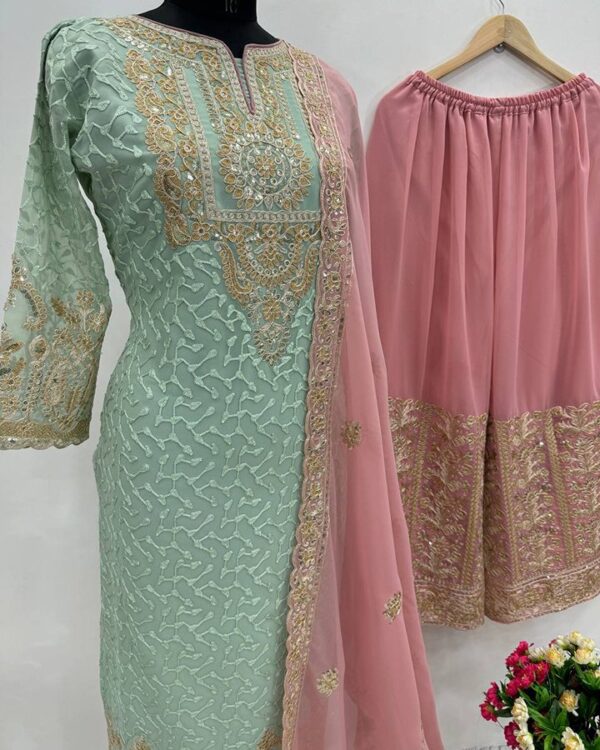 Designer Heavy Faux Georgette Embroidered Sharara Suit with Coding & Sequin Work - Full-Stitched Top & Sharara Set with Dupatta - Image 4