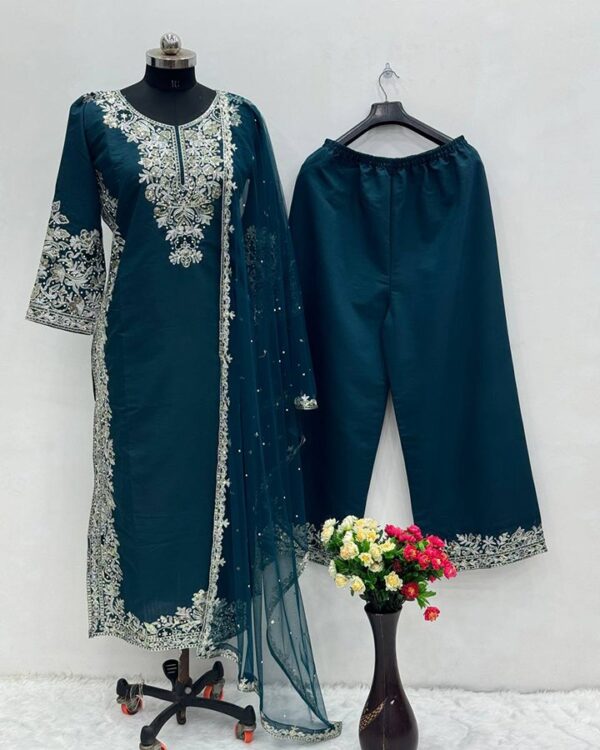 New Designer Heavy Zardoshi Sharara Suit Set in Roman Silk with Hand & Sequence Work - Full-Stitched 3-Piece Set with Net Dupatta - Image 2